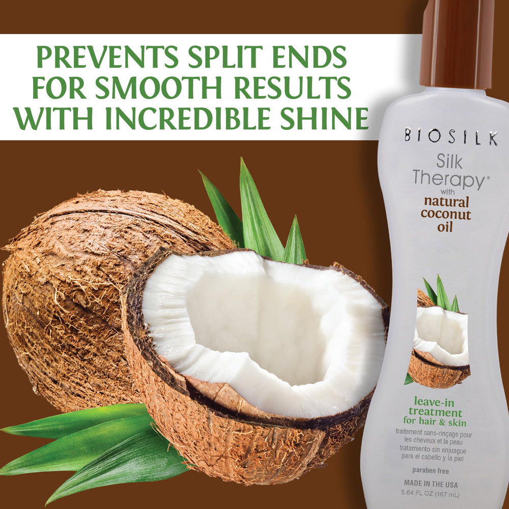 BioSilk Natural Coconut Oil packaging highlighting natural moisture for hair.