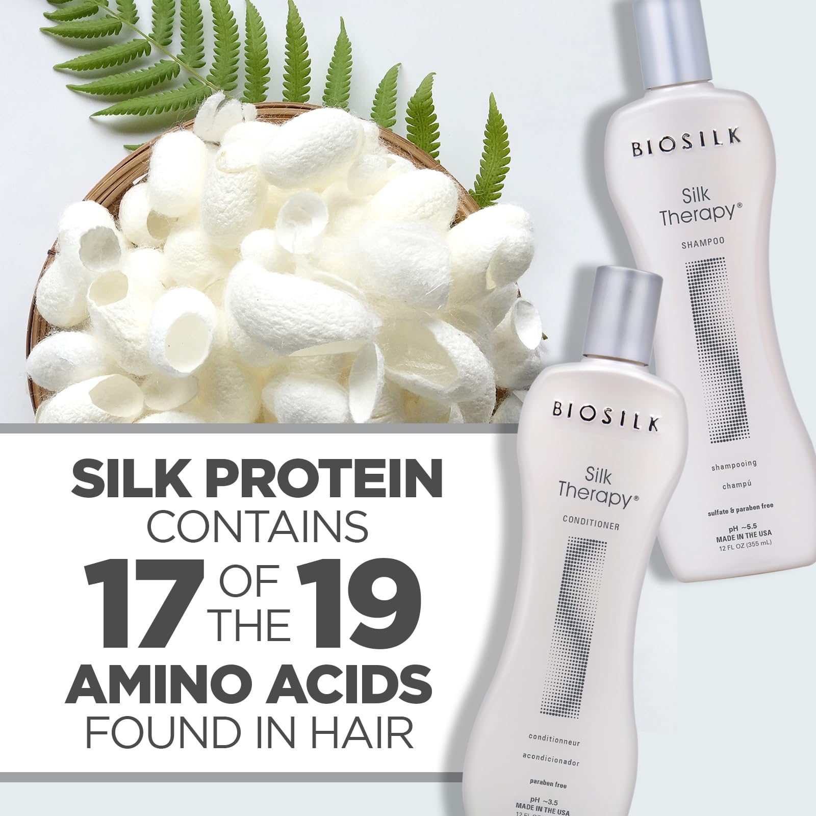 BioSilk Silk Therapy Conditioner application on a hair strand hints at moisture.