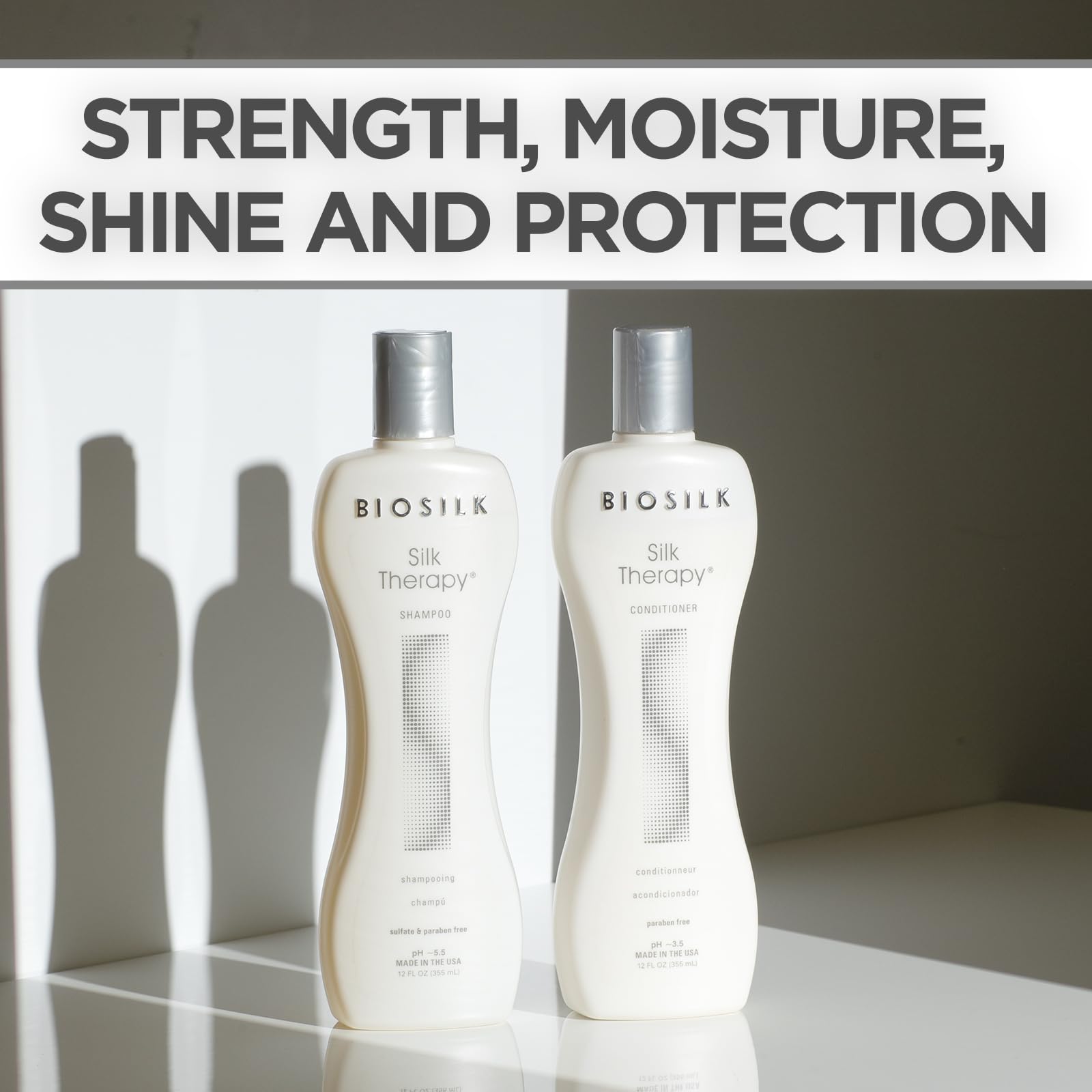 BioSilk Silk Therapy Conditioner bottle showcases moisture replenishment with silk proteins for smooth hair.