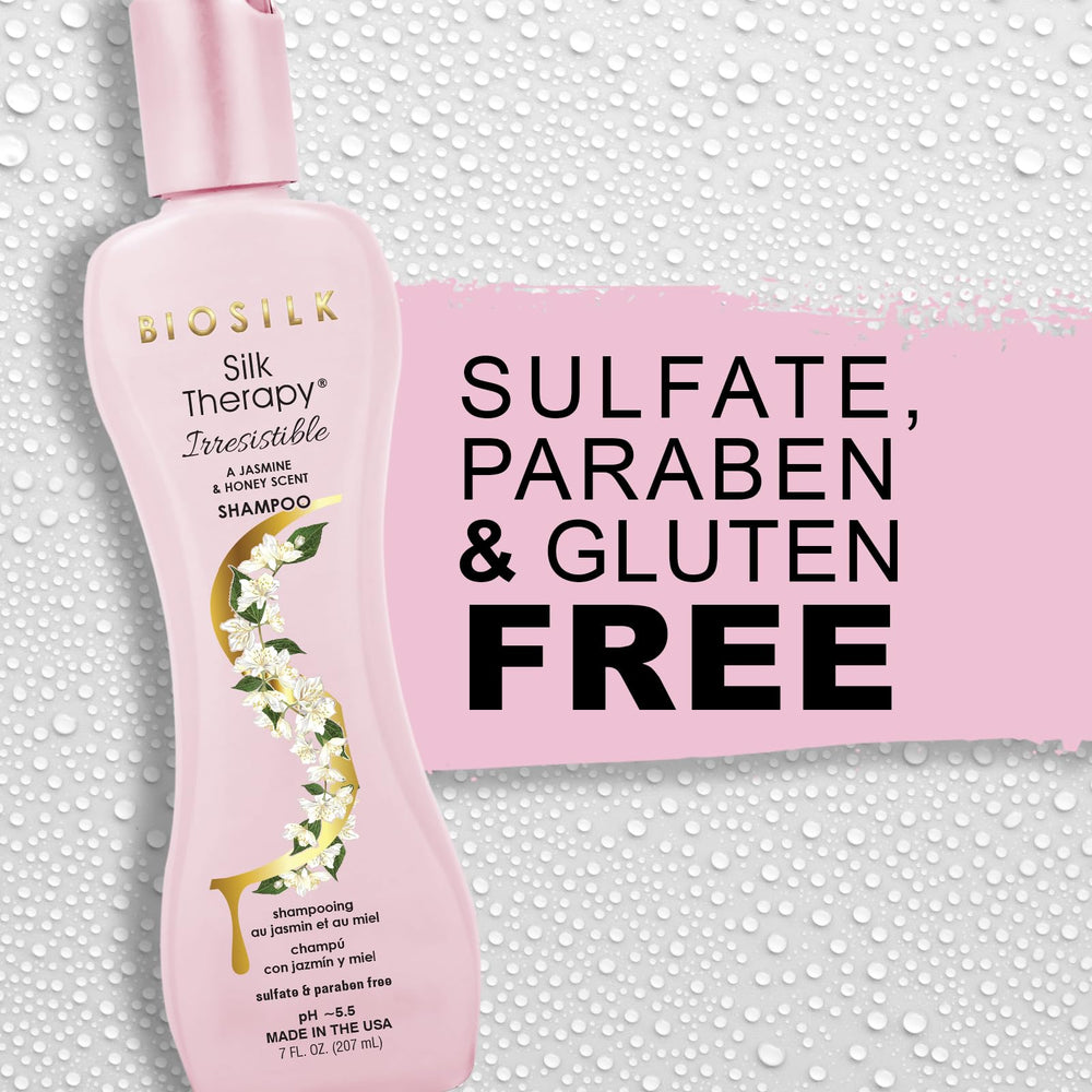 BioSilk Silk Therapy Irresistible pack shot emphasizing moisture replenishment for all hair types.