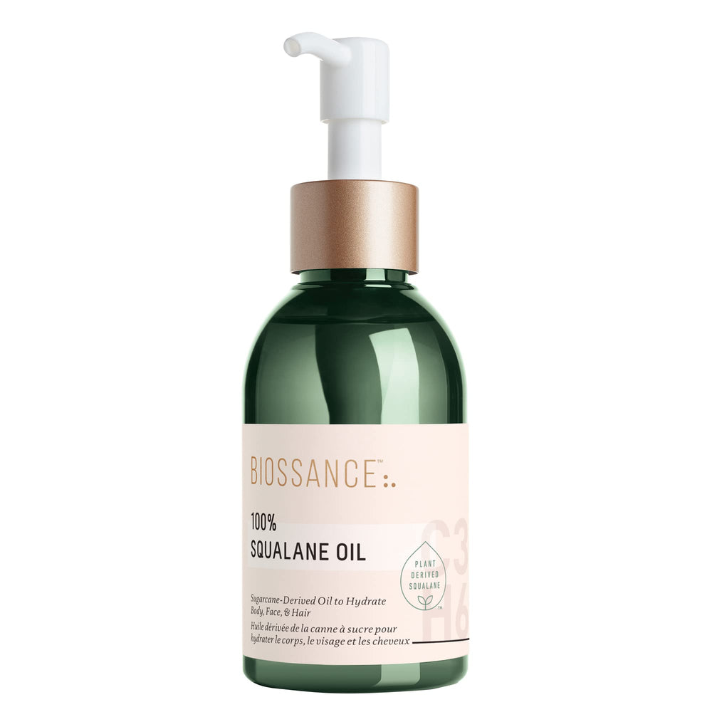 BIOSSANCE 100% Squalane Oil bottle shows vegan hydration for skin and body.