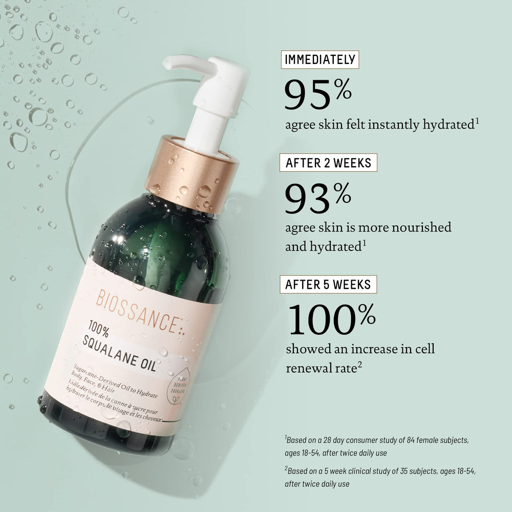 BIOSSANCE 100% Squalane Oil hair treatment delivers shine and frizz control.