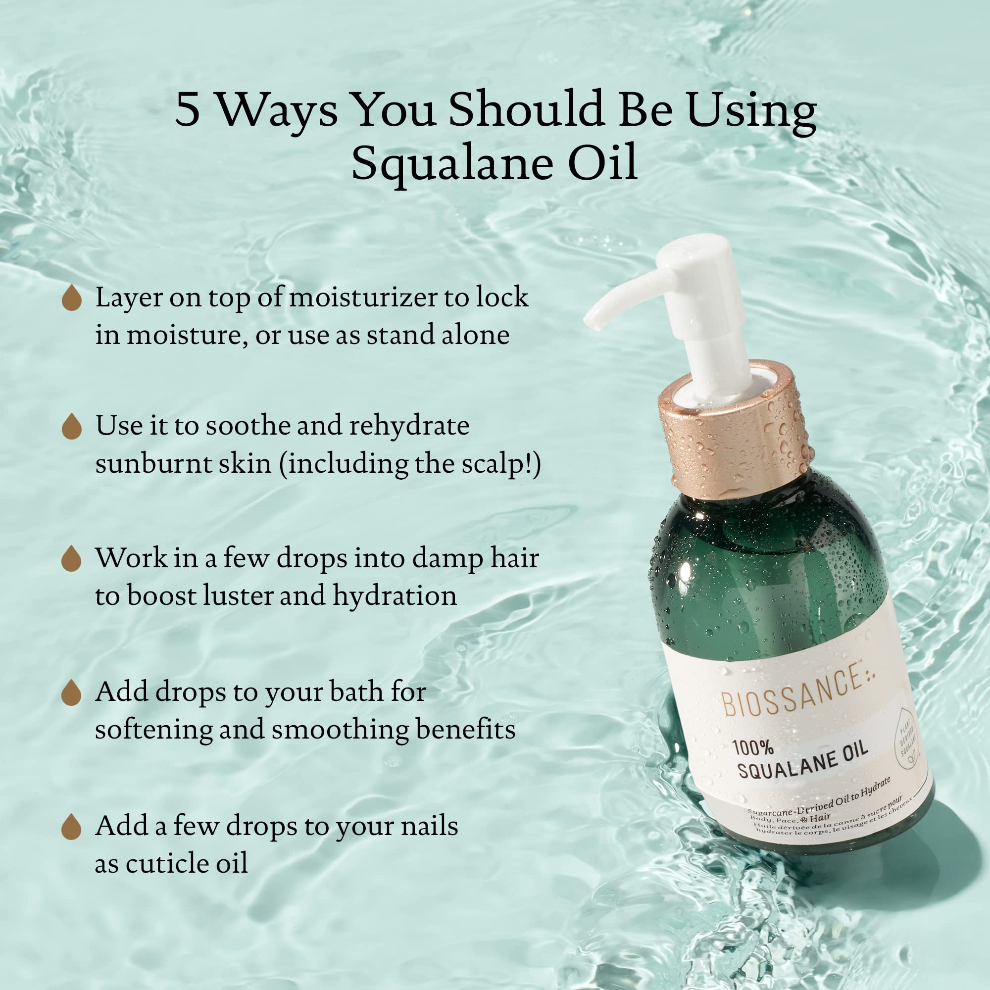BIOSSANCE 100% Squalane Oil pump-dispense enables easy, fast-absorbing hydration.