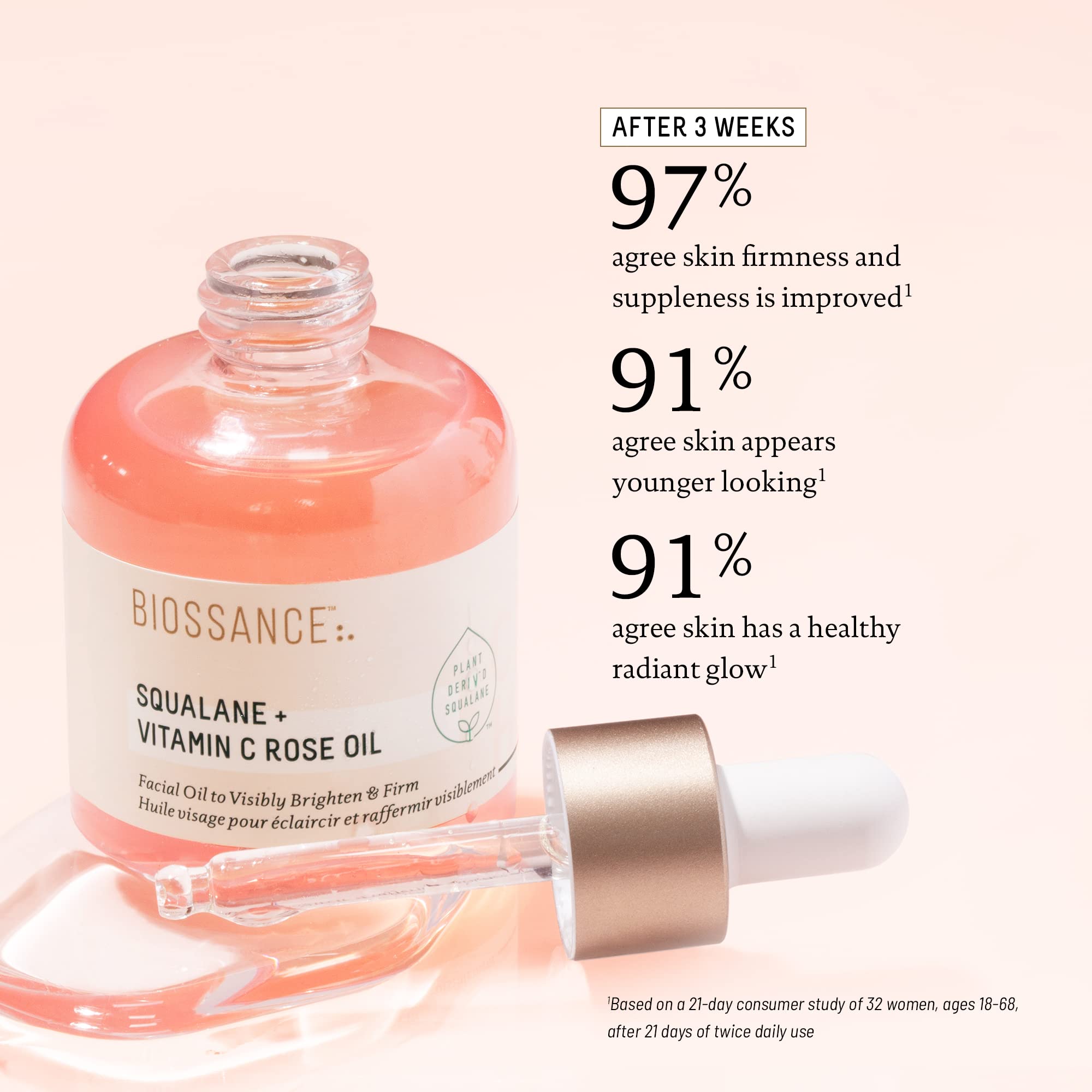 BIOSSANCE Damascus rose aroma bottle adds spa-like sensory experience.