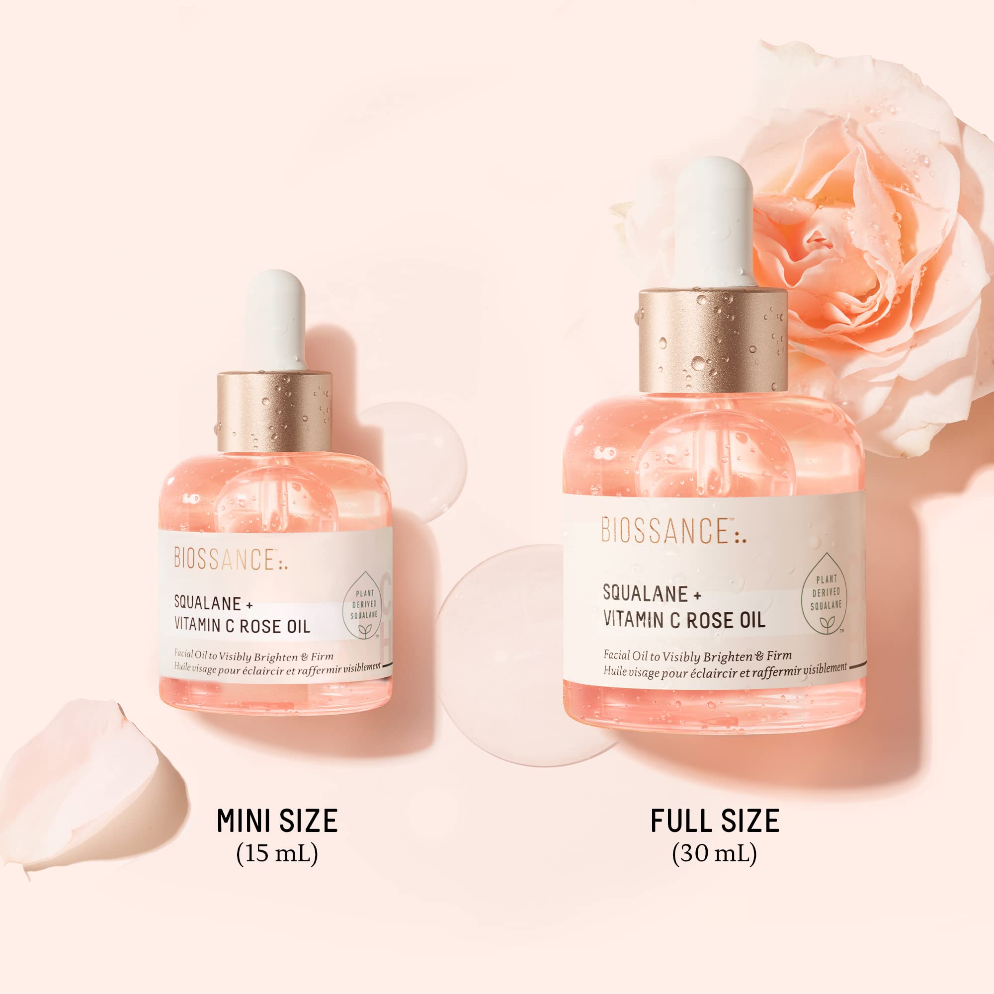 BIOSSANCE Rose oil texture close-up shows smooth, hydrated skin.