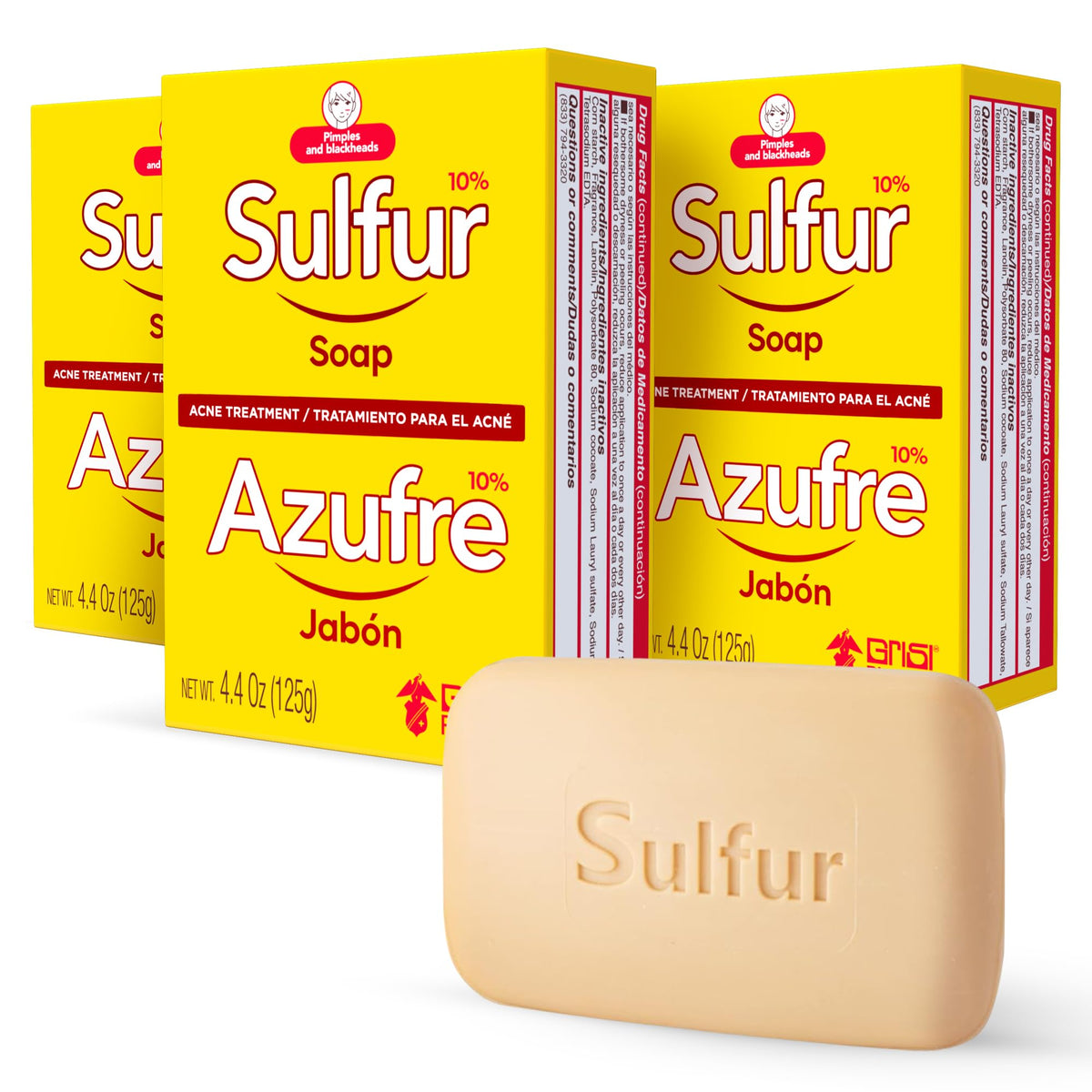 Biosulfur Grisi acne soap packaging showing a 3-pack for acne-prone skin.