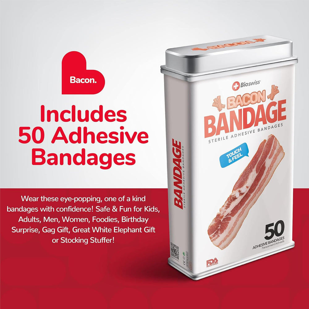 BioSwiss bacon bandages closeup highlights latex-free adhesive and non-stick pad comfort.