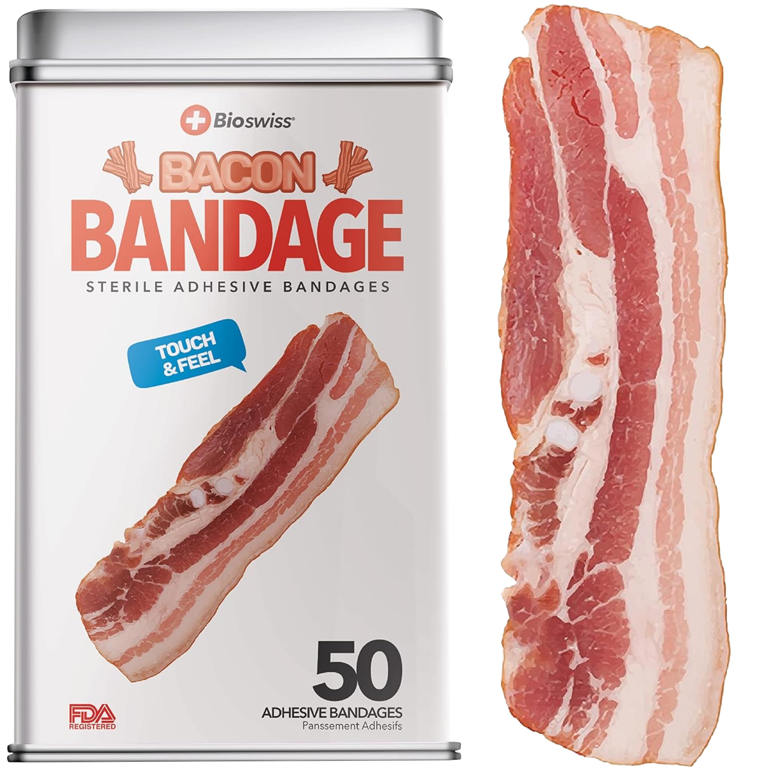 BioSwiss bacon bandages packaging shows a playful design for easy grab-and-go first aid.