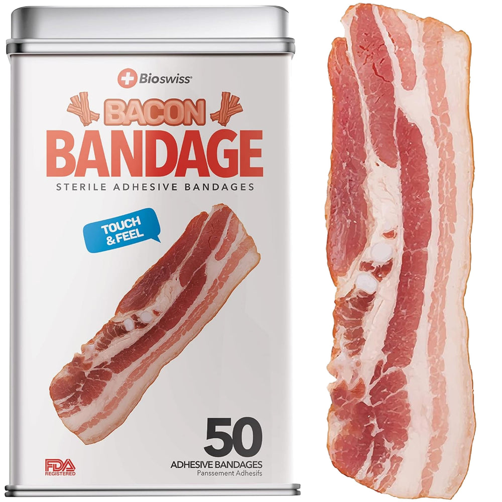 BioSwiss bacon bandages packaging shows a playful design for easy grab-and-go first aid.