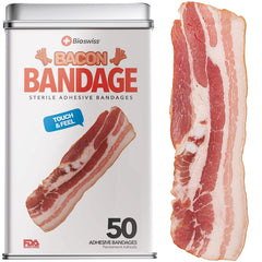 BioSwiss bacon bandages packaging shows a playful design for easy grab-and-go first aid.