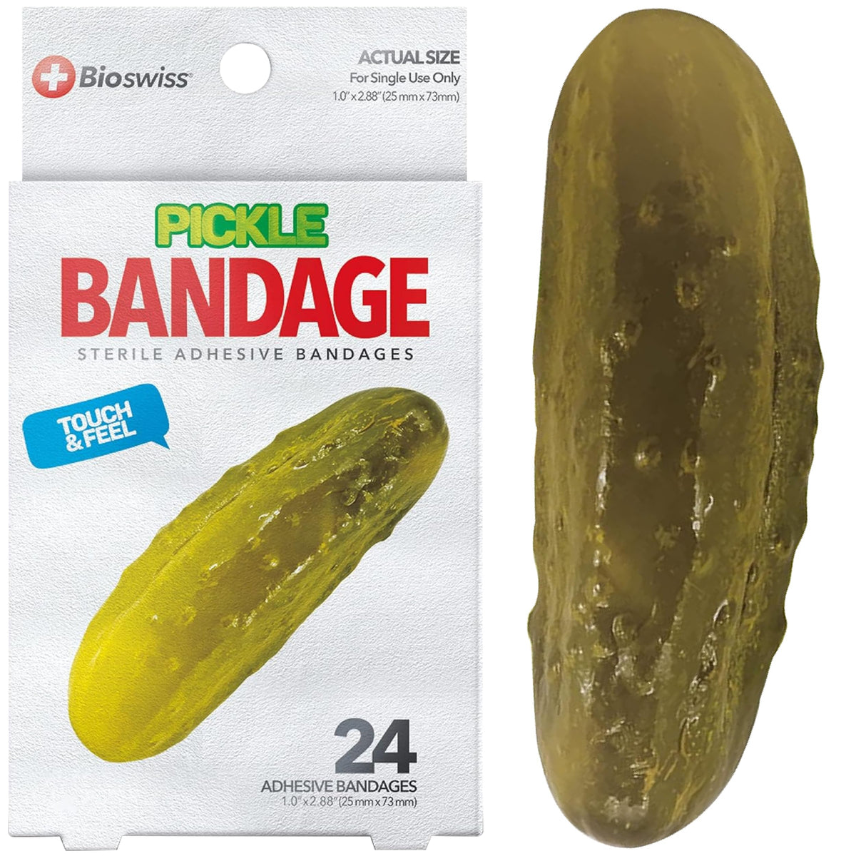 BioSwiss pickle shaped bandage pack for protected minor wounds with a playful design.