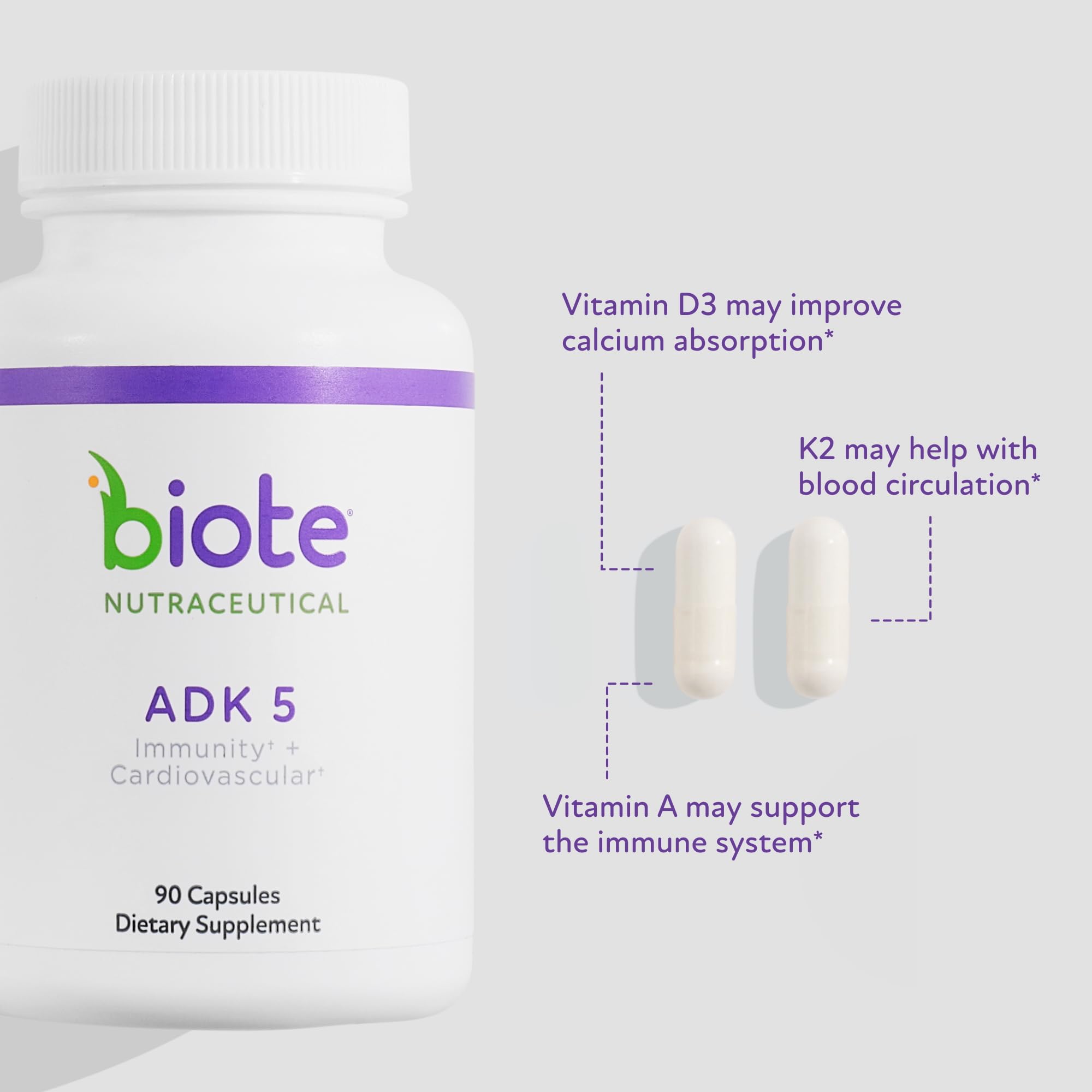 Biote ADK 5 bottle close-up showcasing capsules for immune support