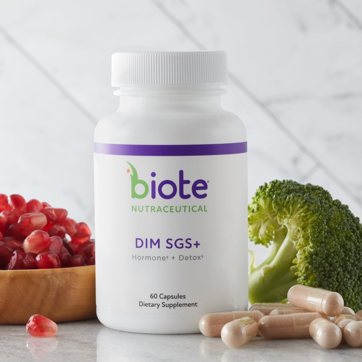 DIM SGS+ capsules close-up showing texture for easy daily use and detox support.
