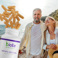 Biote Methyl Factors+ capsules being poured into a hand for use.