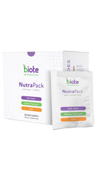 Biote NutraPack daily packets showcased for a convenient 30-day routine.