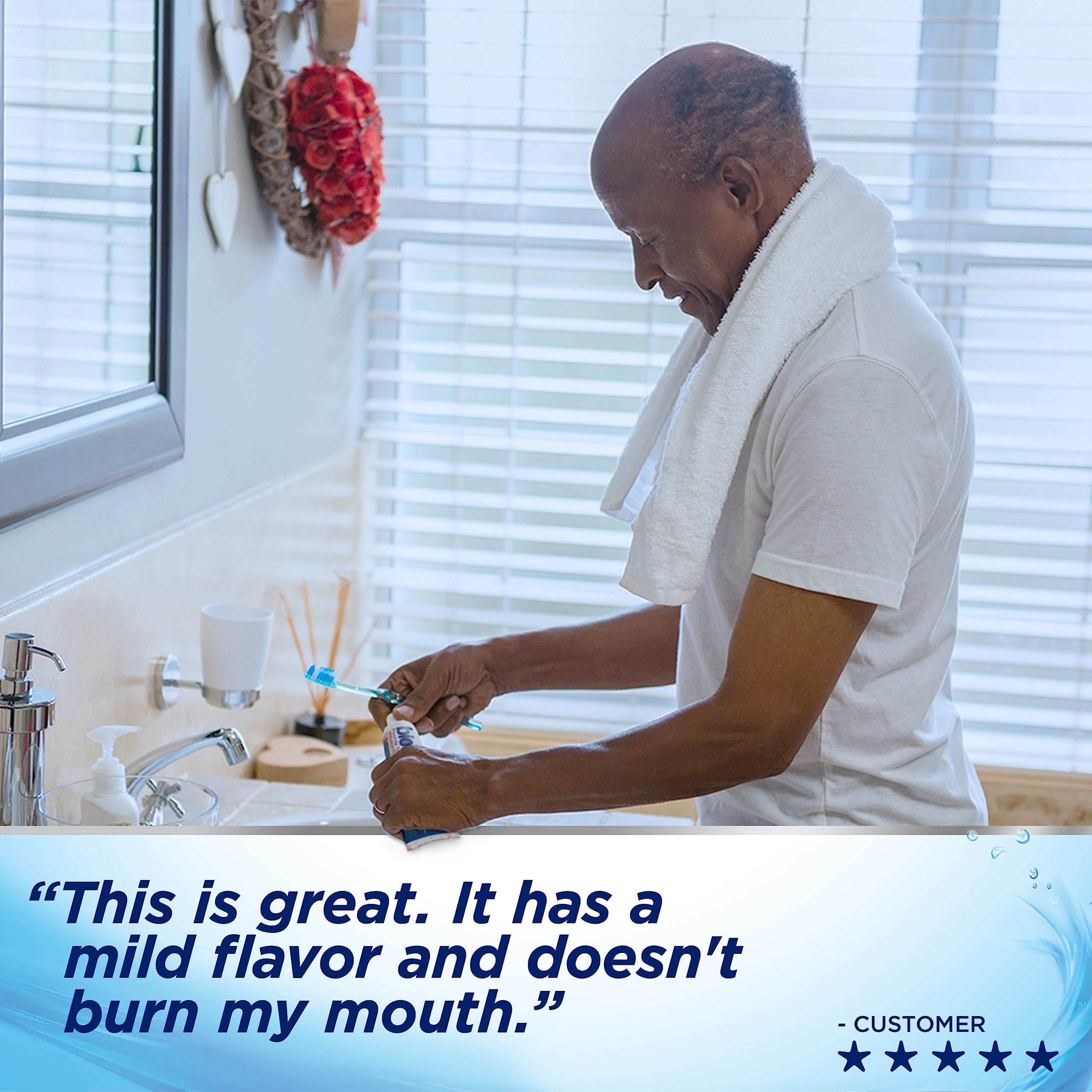 Minty breath-freshening action shown with Biotène toothpaste delivering quick refresh.