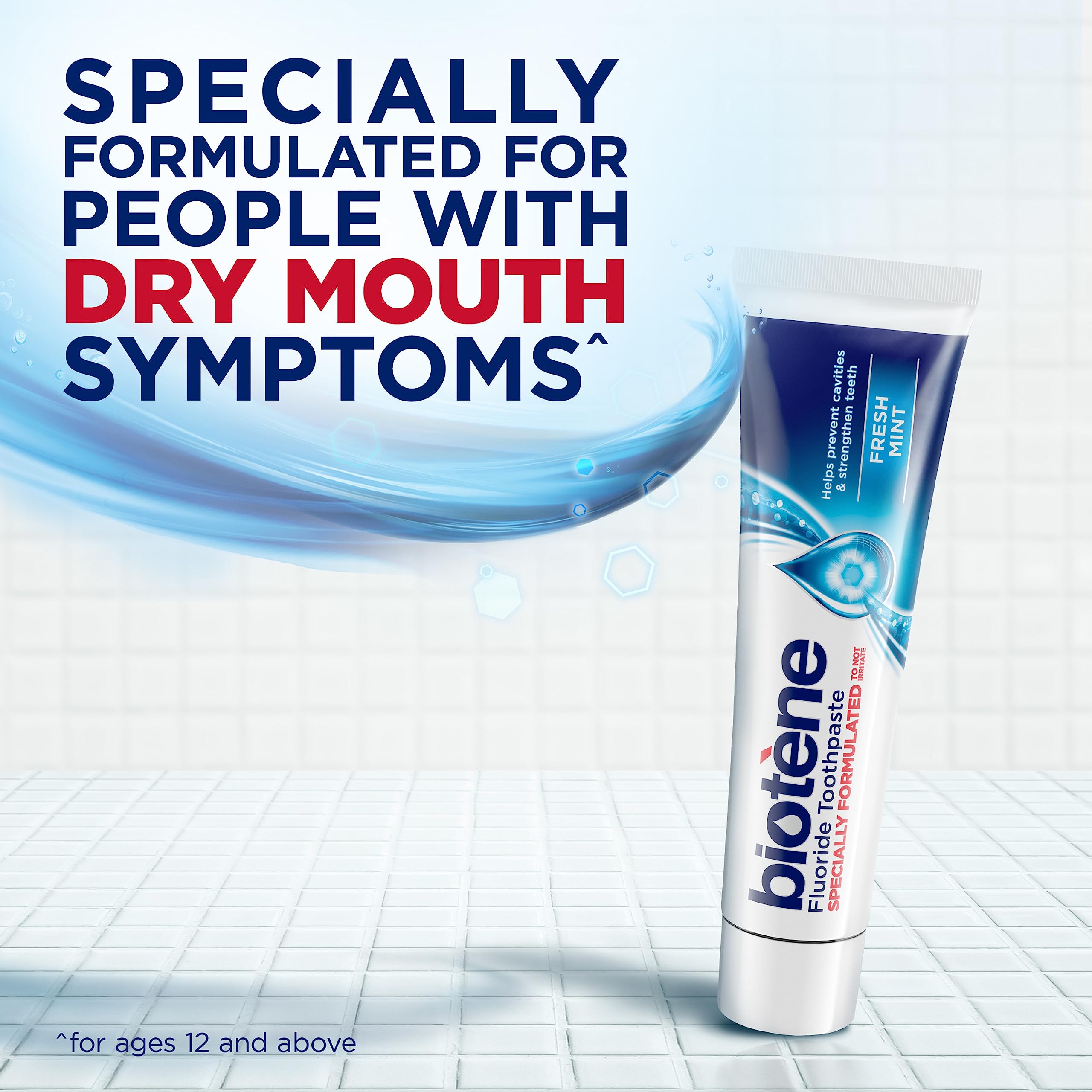 Biotène fresh mint toothpaste tube showcases mint flavor and non-irritating formula for sensitive mouths.