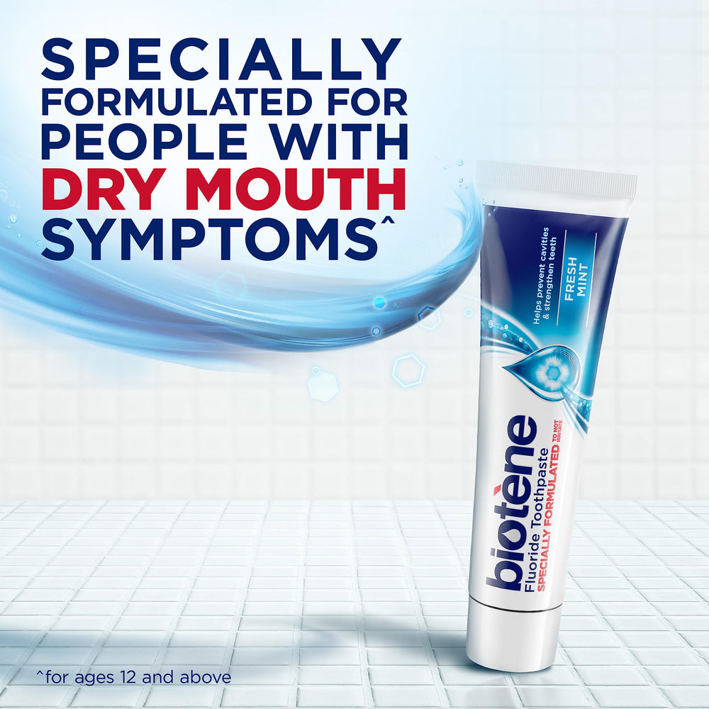 Biotène fresh mint toothpaste tube showcases mint flavor and non-irritating formula for sensitive mouths.