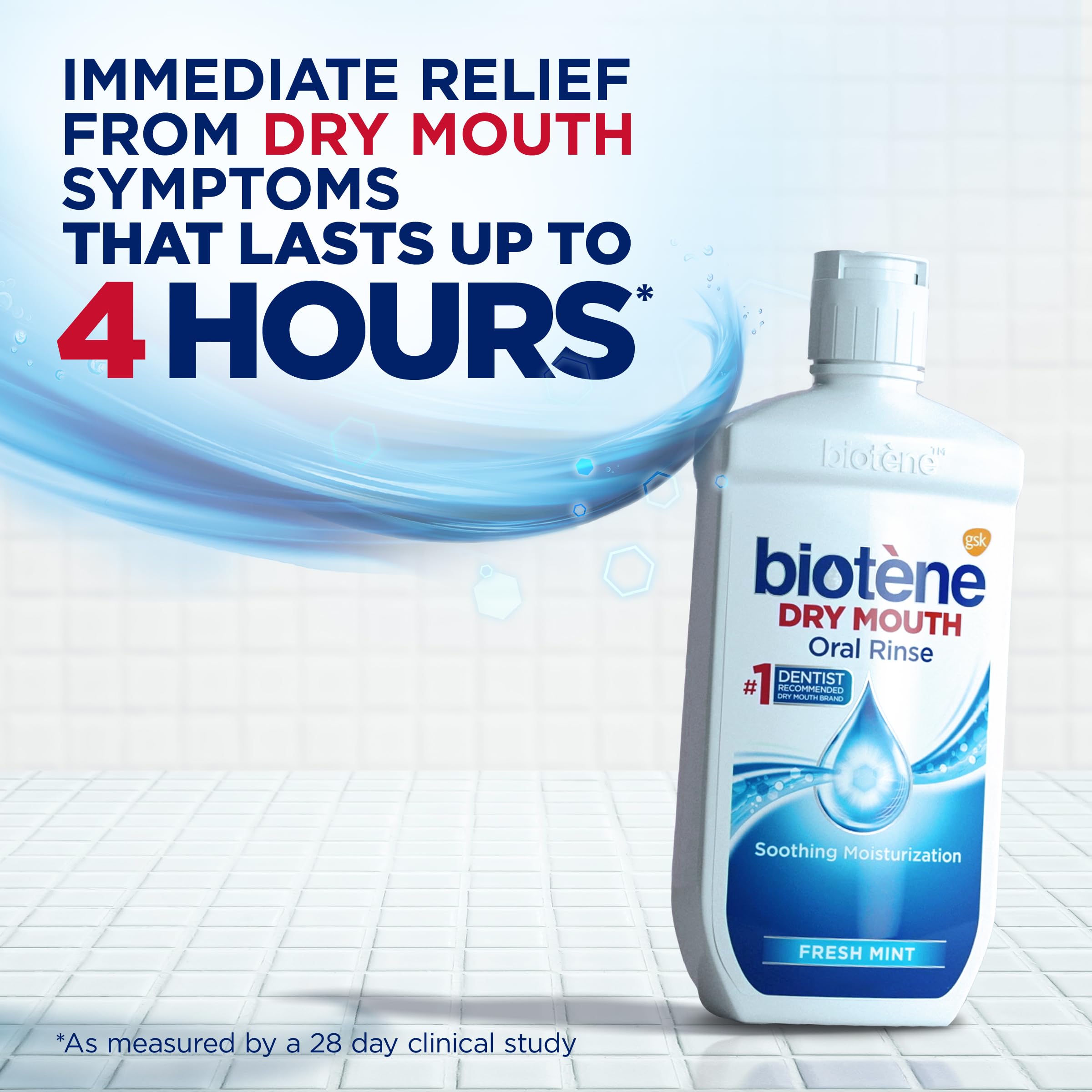 Biotène mouthwash being poured for quick dry mouth relief