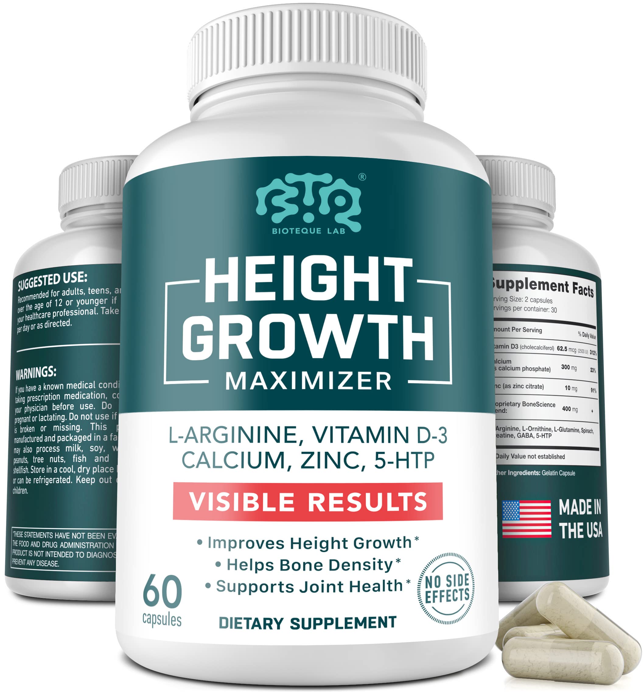 Biotequelab Height Growth bottle highlighting the calcium, D3, and zinc formula for bone support.