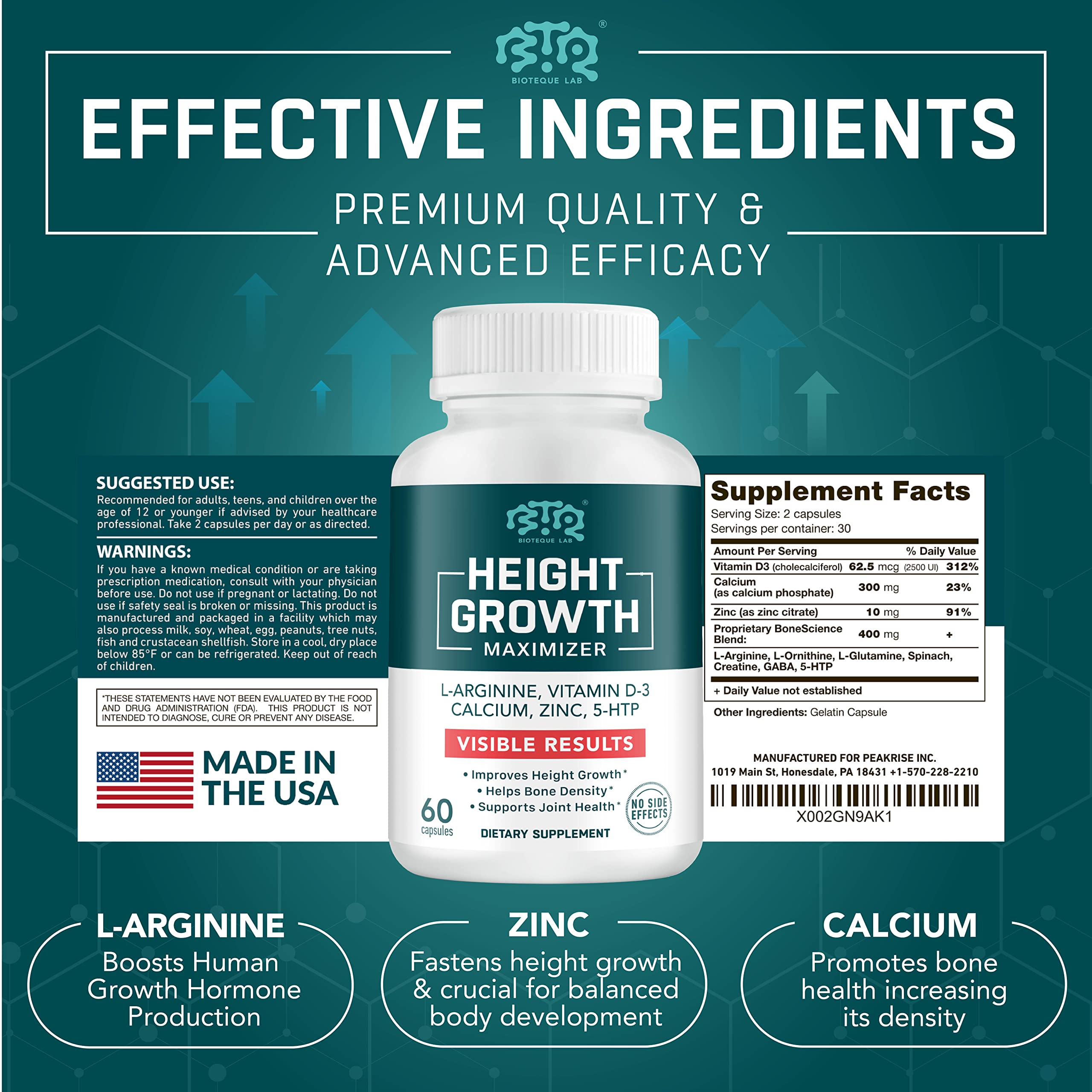 Biotequelab height growth capsules ready for daily intake to support growth potential.