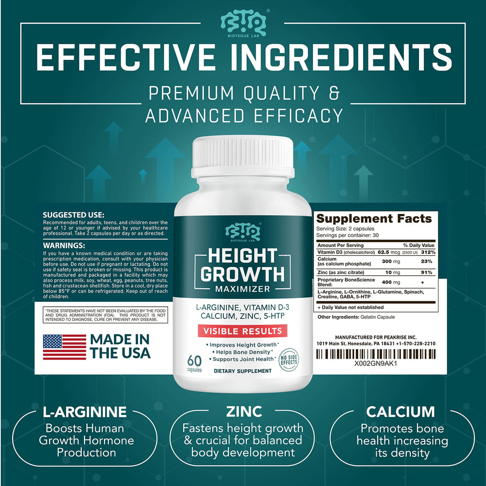 Biotequelab height growth capsules ready for daily intake to support growth potential.