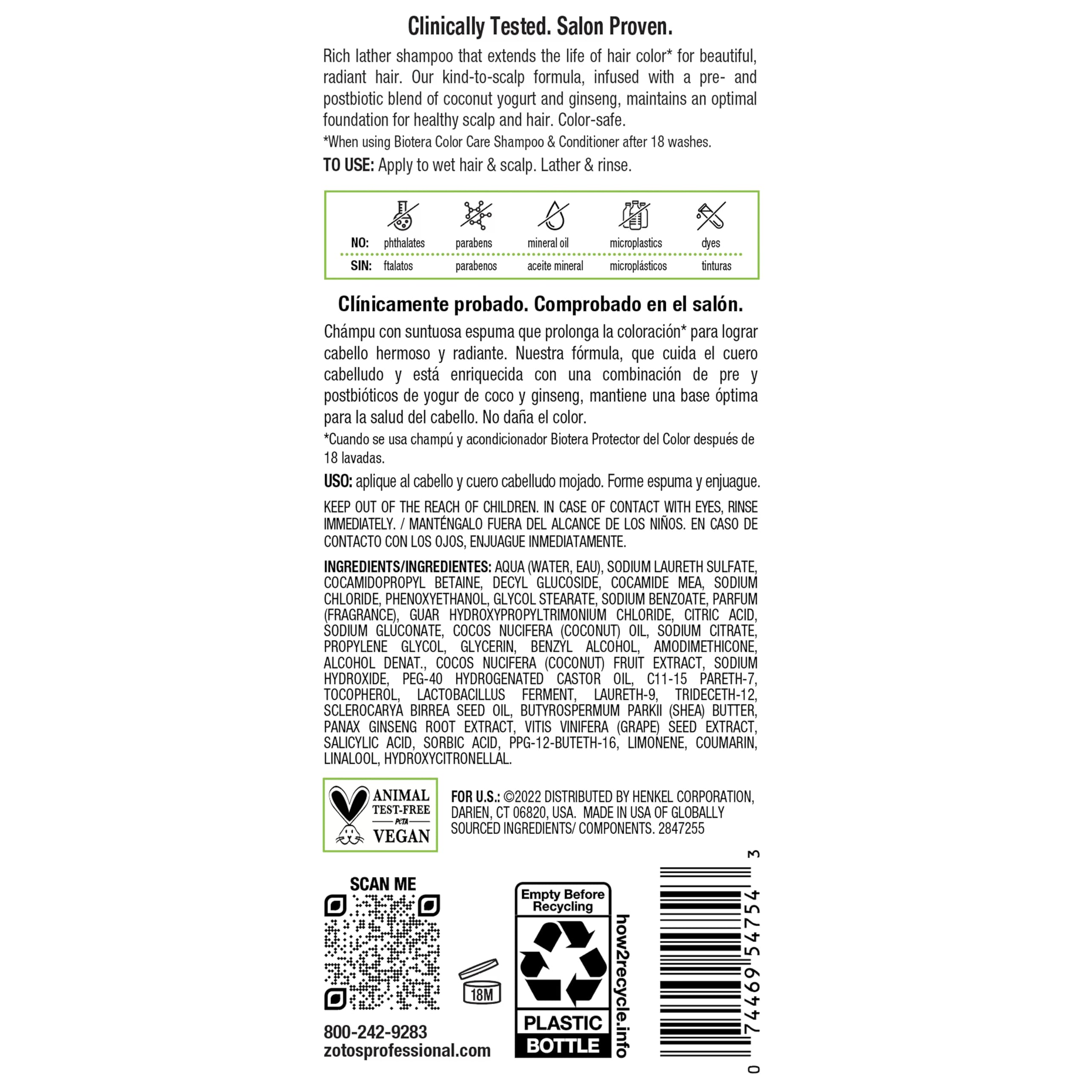 Biotera Color Care Shampoo vegan label on packaging emphasizes clean beauty