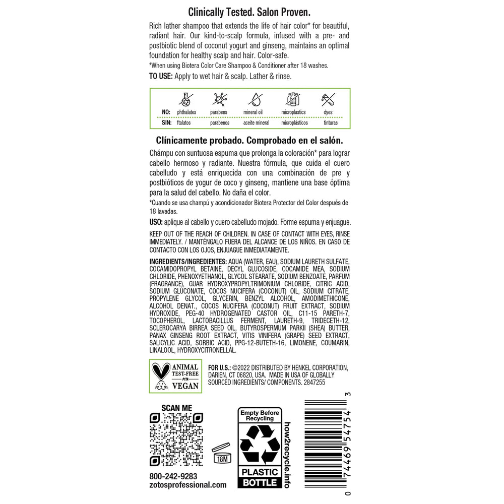 Biotera Color Care Shampoo vegan label on packaging emphasizes clean beauty