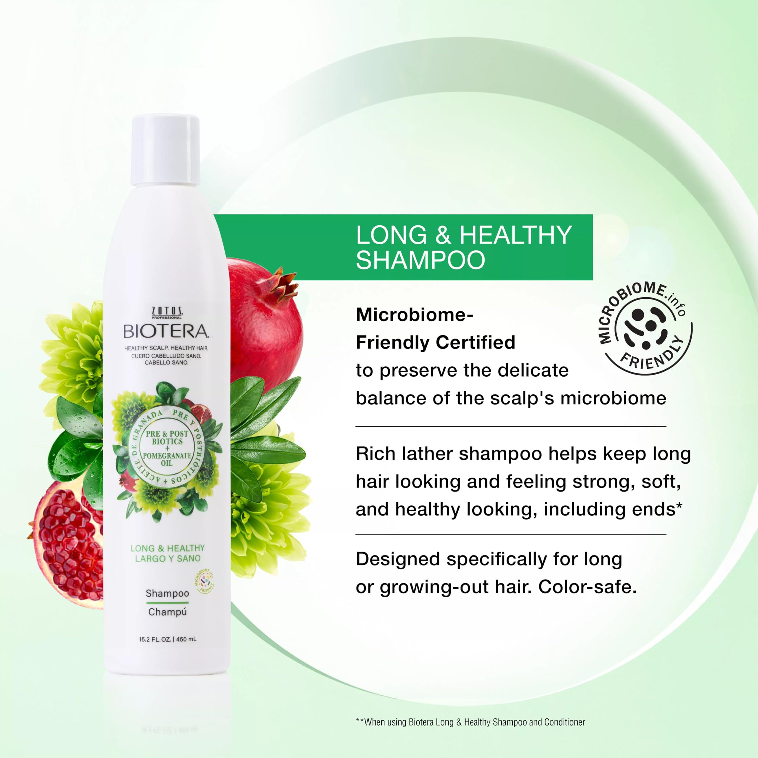 Biotera Long & Healthy Shampoo highlights a pre/postbiotic blend for scalp balance.