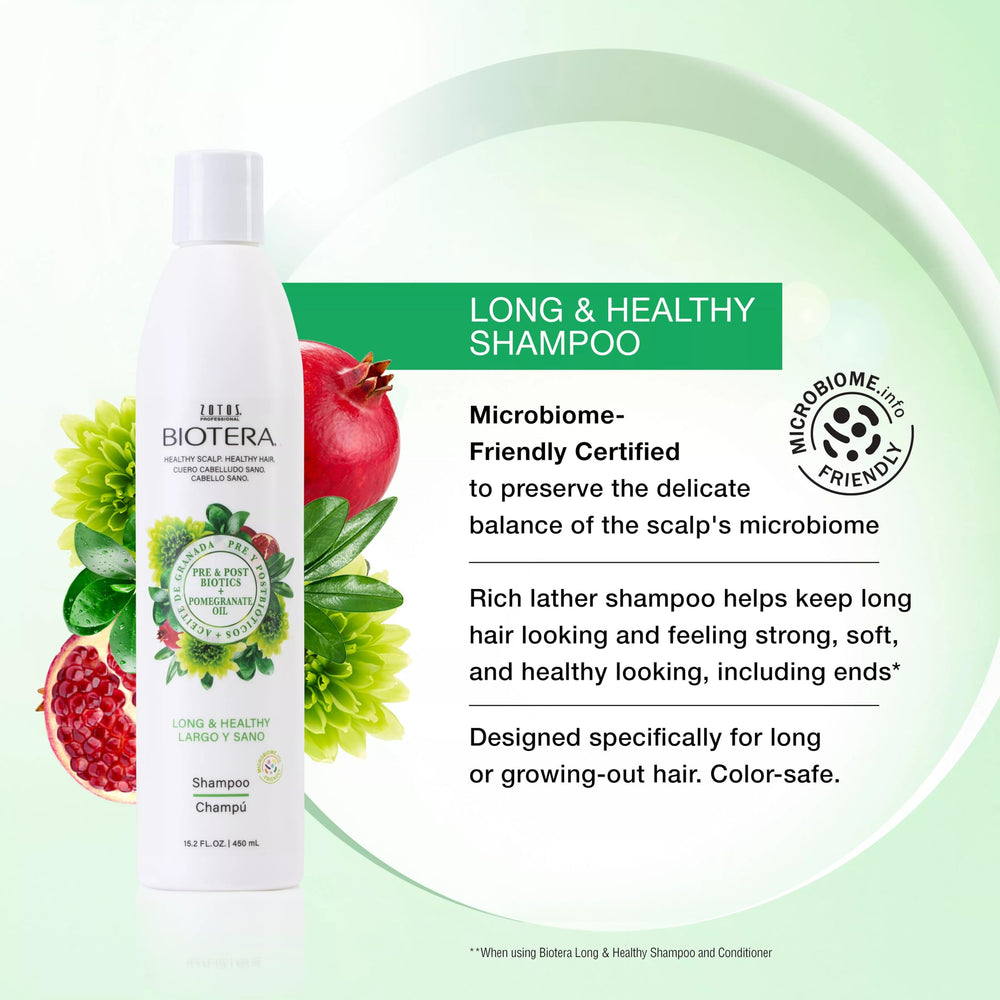 Biotera Long & Healthy Shampoo highlights a pre/postbiotic blend for scalp balance.