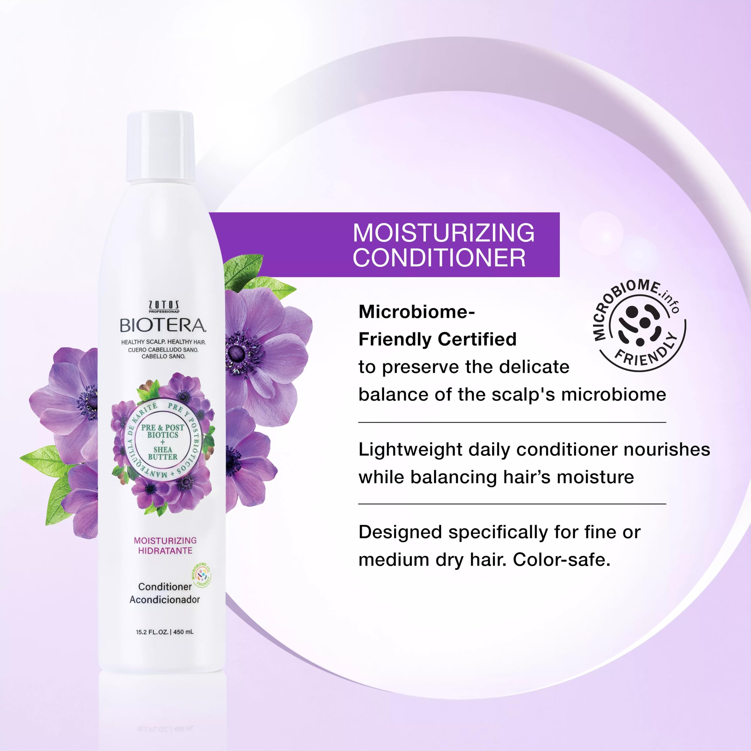 Biotera Moisturizing Conditioner cream-texture close-up shows silky slip for fine hair.