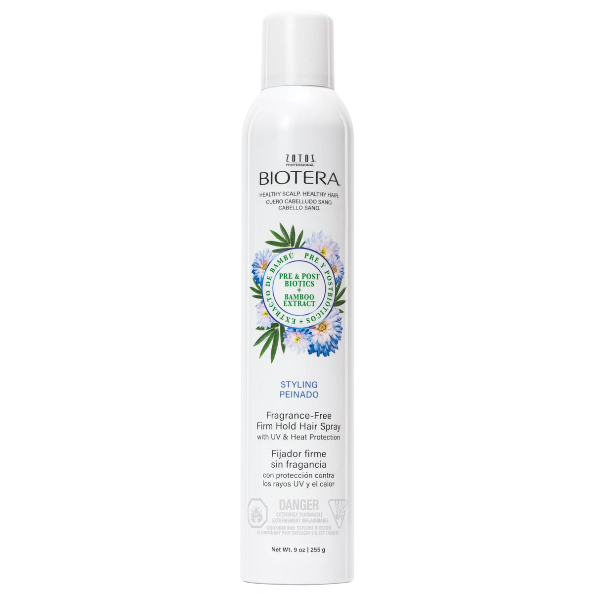 Biotera Styling Fragrance-Free Firm Hold Hair Spray bottle for all-day control.