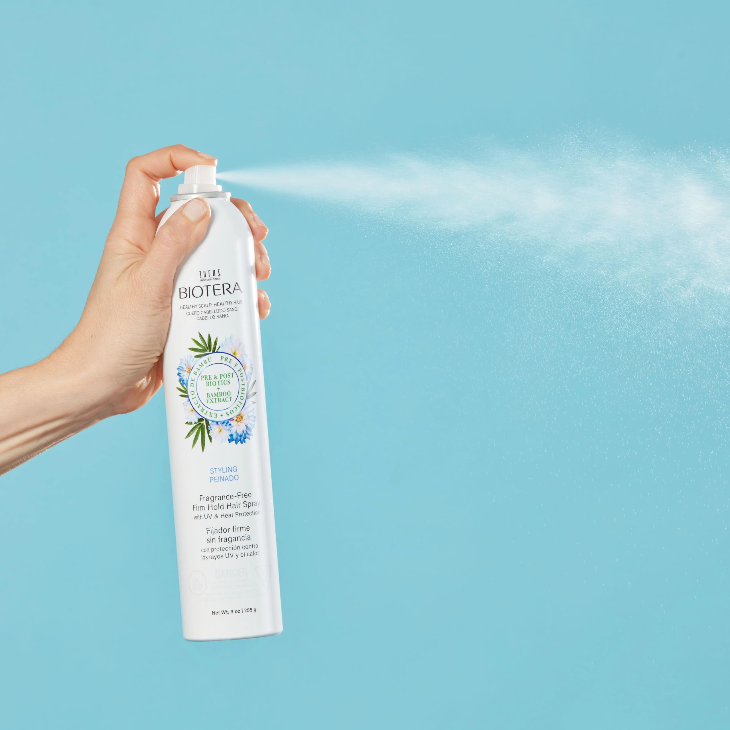 Biotera Styling Fragrance-Free Firm Hold Hair Spray color-safe finish on strands.