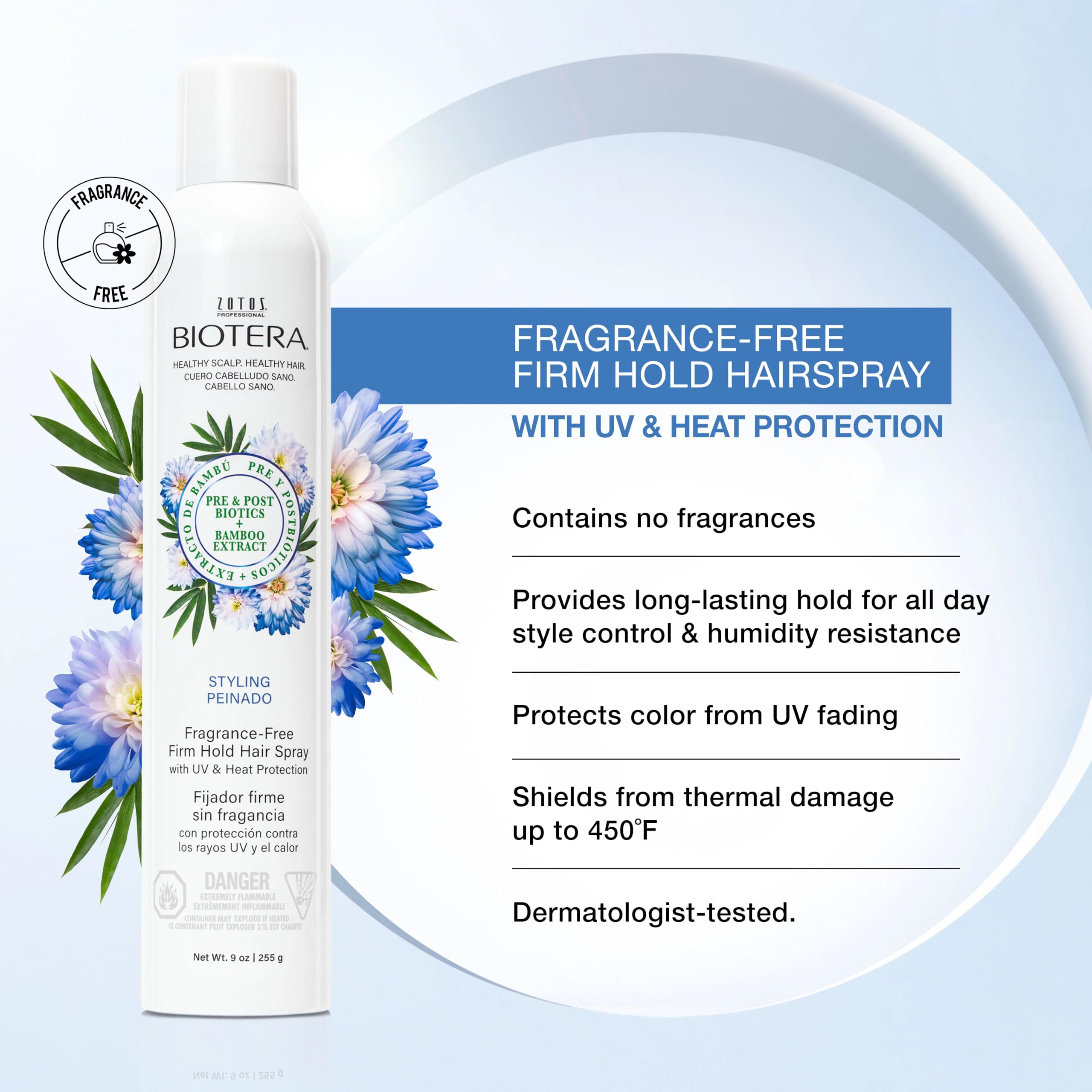 Biotera Styling Fragrance-Free Firm Hold Hair Spray nozzle delivers even coverage.