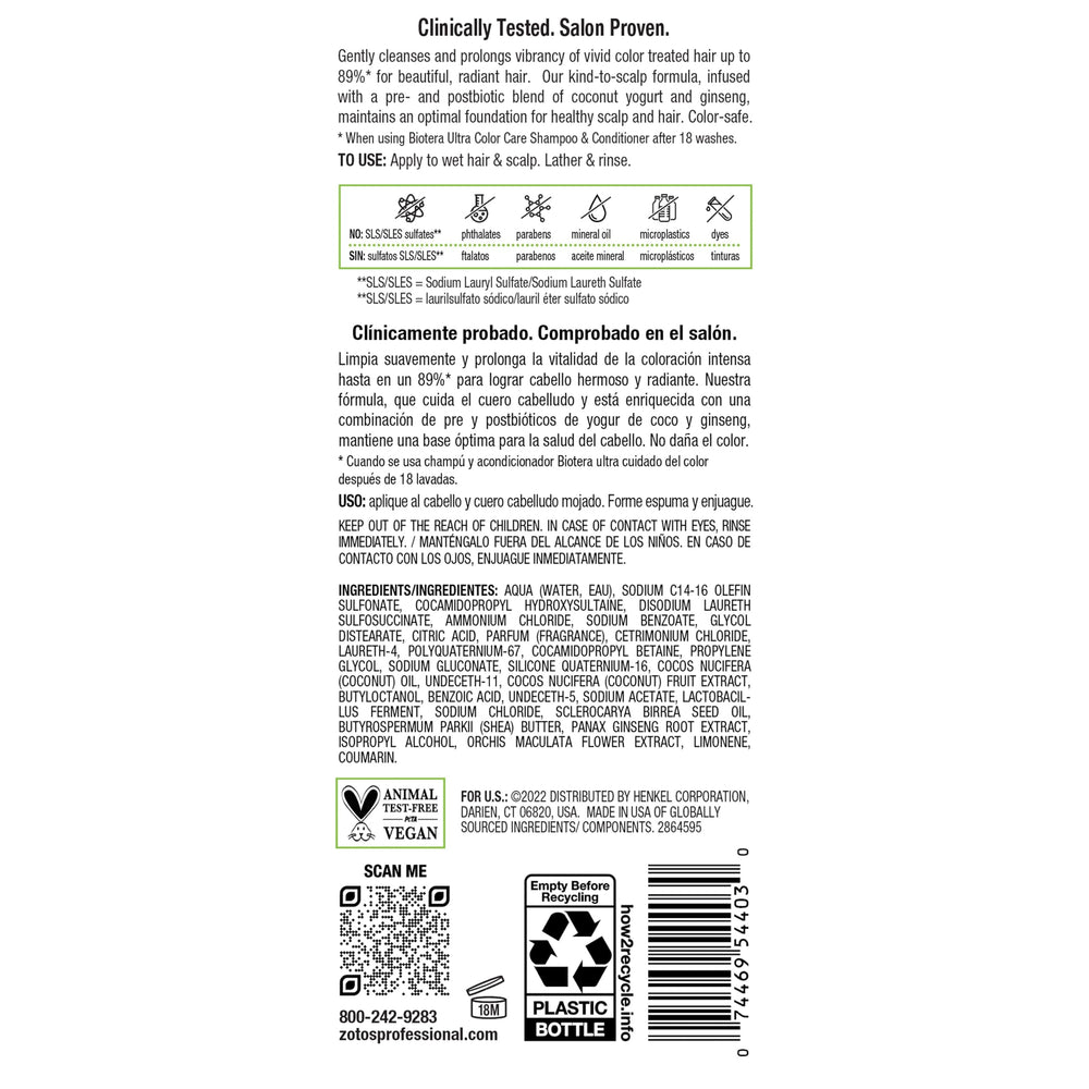 Biotera Ultra Color Care Shampoo microbiome-friendly seal signals scalp balance support.