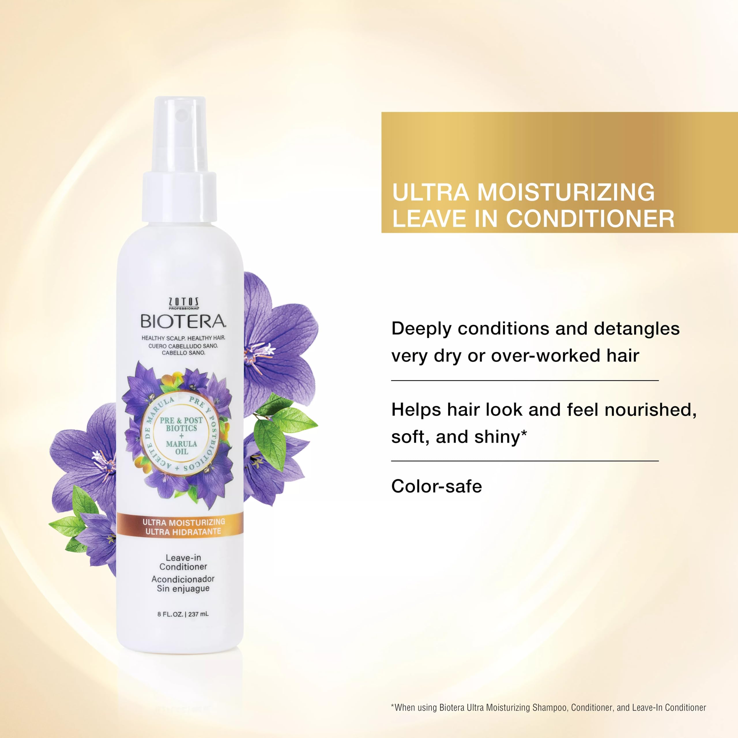 Biotera Ultra Moisturizing Leave-In label close-up highlights detangling and color-safe formula.