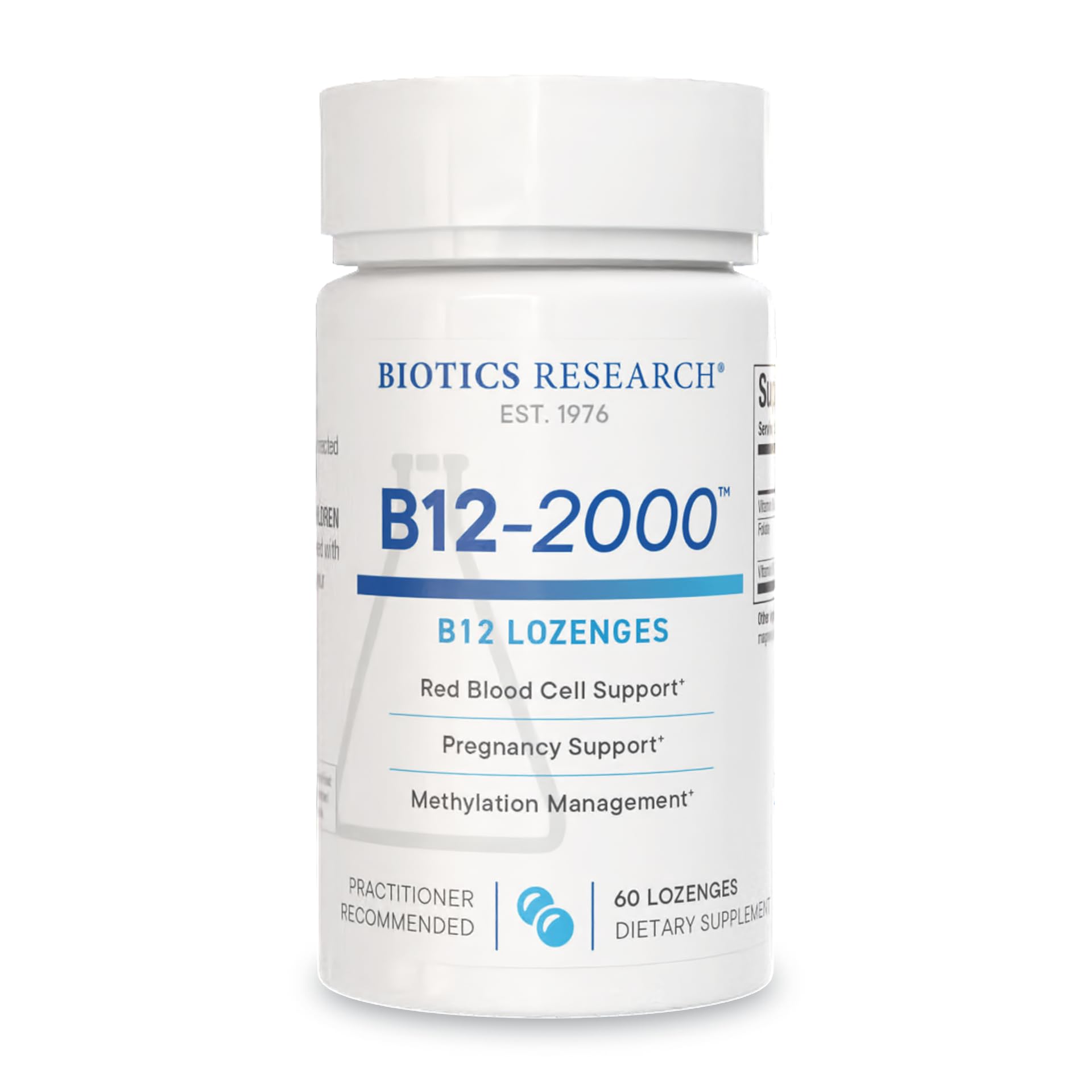 Biotics Research B12-2000 lozenge bottle for easy daily supplementation