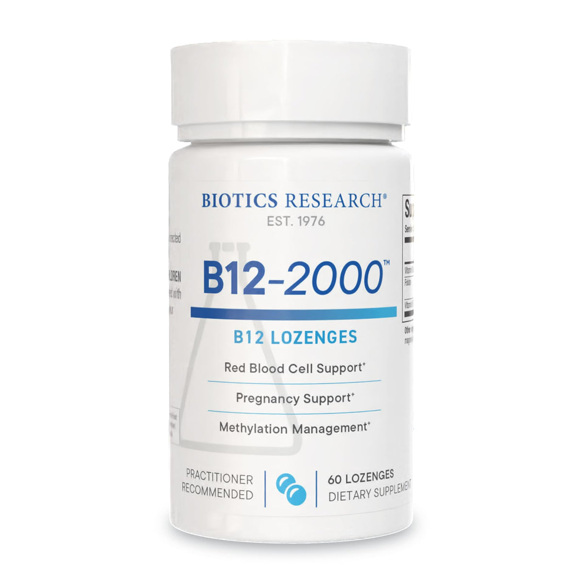 Biotics Research B12-2000 lozenge bottle for easy daily supplementation