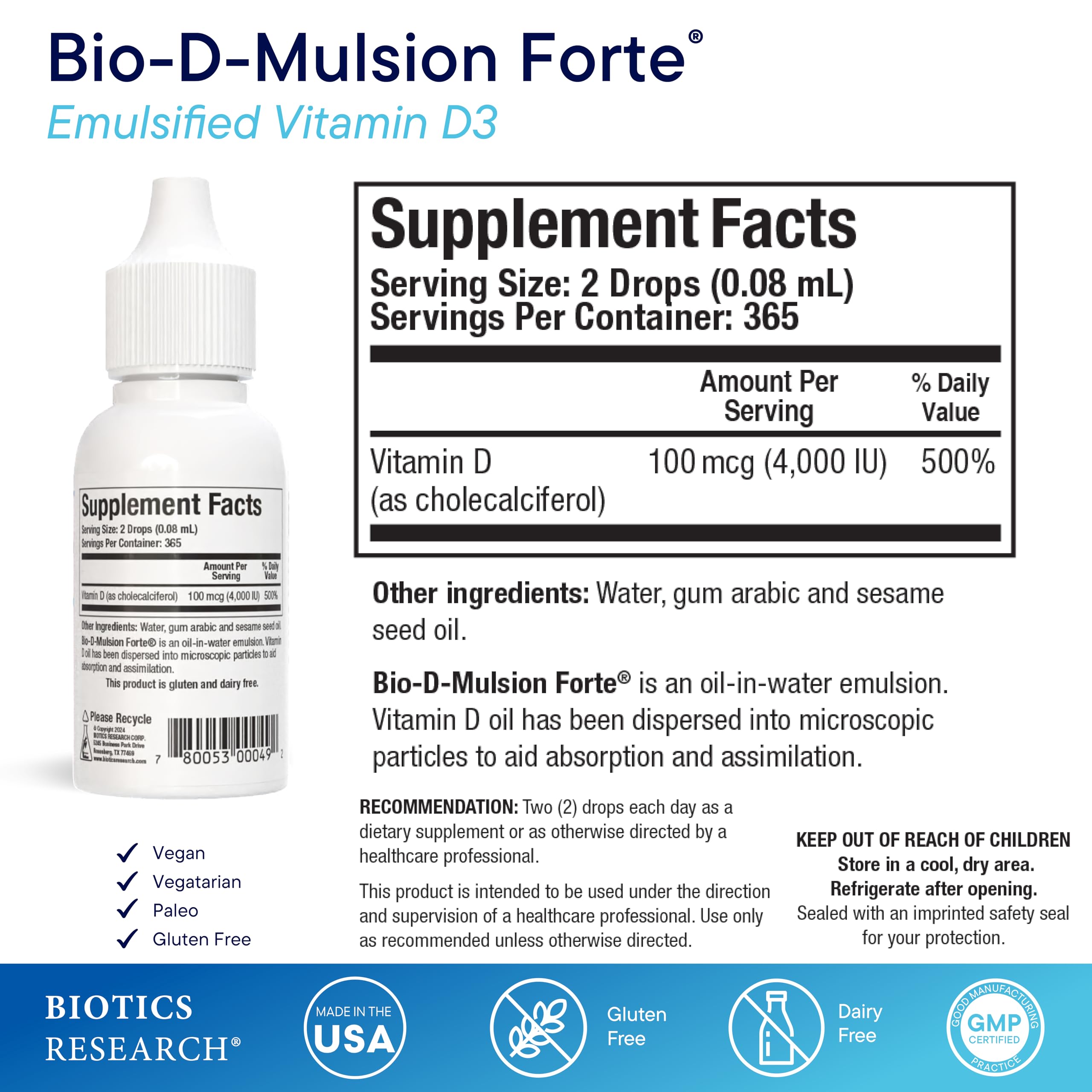 Biotics Research Bio-D-Mulsion Forte dropper in use, quick vitamin D delivery