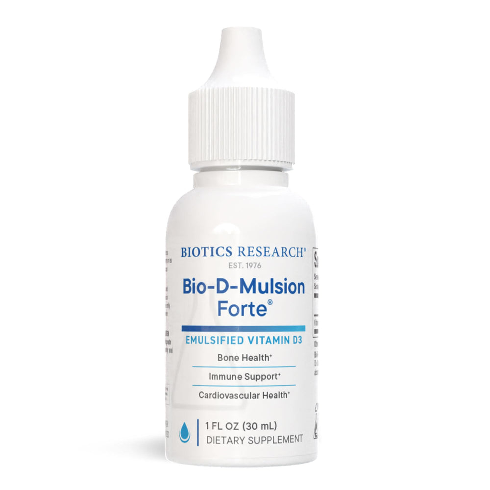 Biotics Research Bio-D-Mulsion Forte bottle with dropper for easy daily vitamin D intake