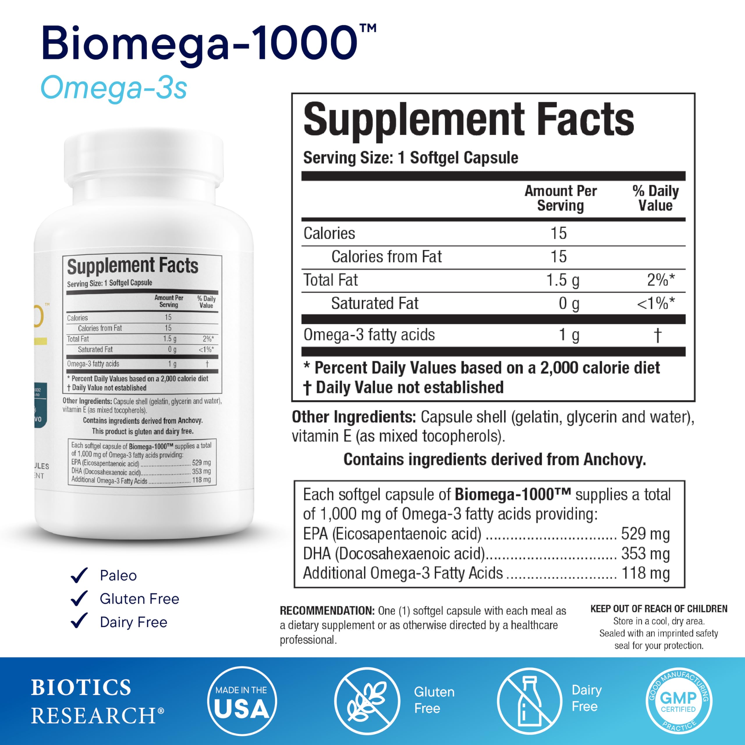 Biomega-1000 label close-up with EPA and DHA amounts for heart and brain support