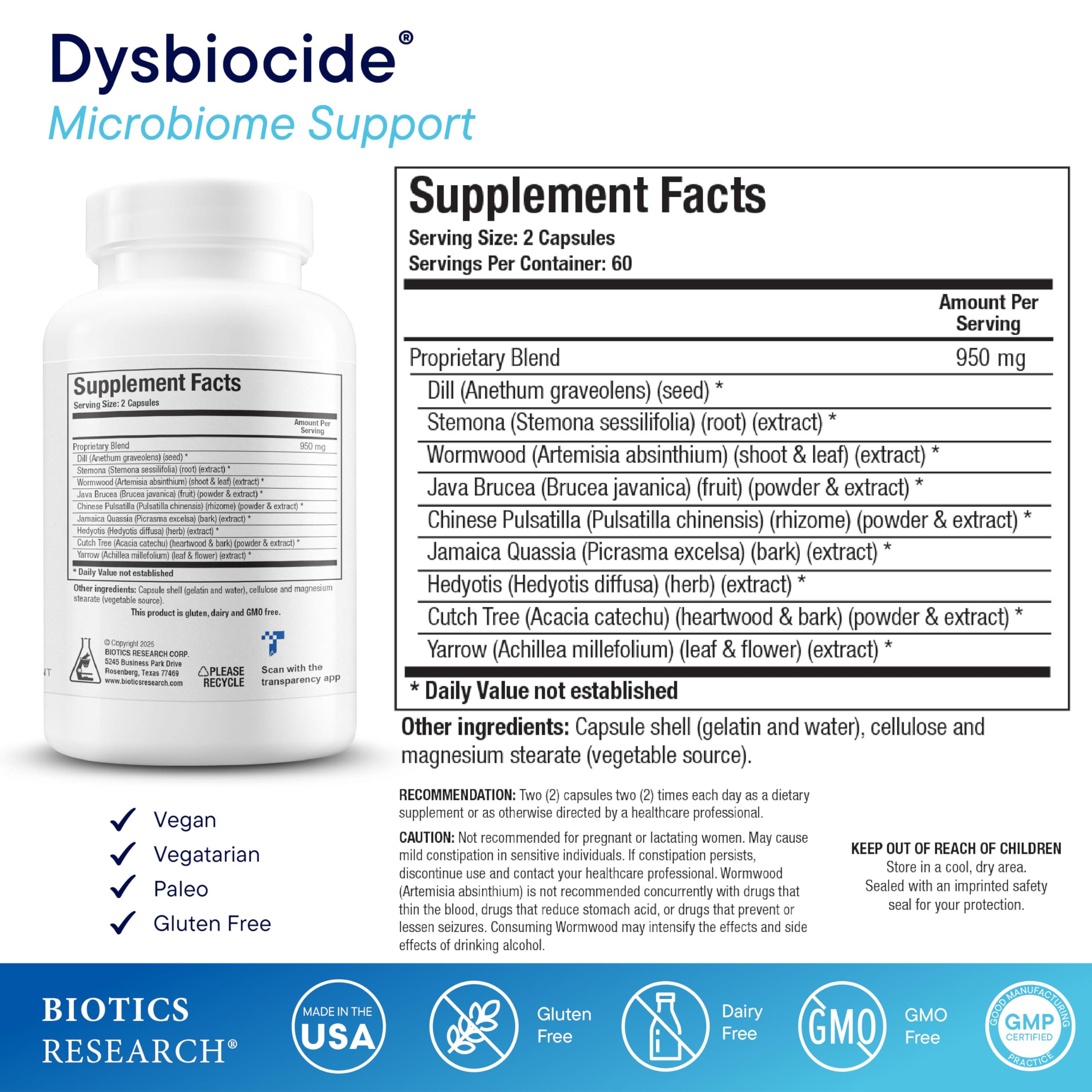 Biotics Research Dysbiocide bottle front view for convenient daily use