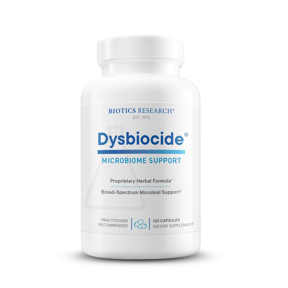 Biotics Research Dysbiocide capsules close-up supporting gut health