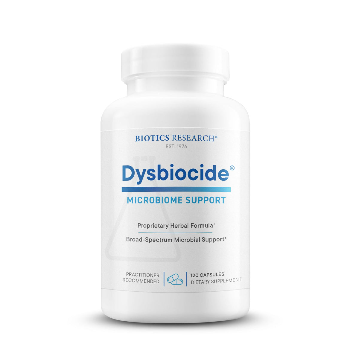Biotics Research Dysbiocide capsules close-up supporting gut health