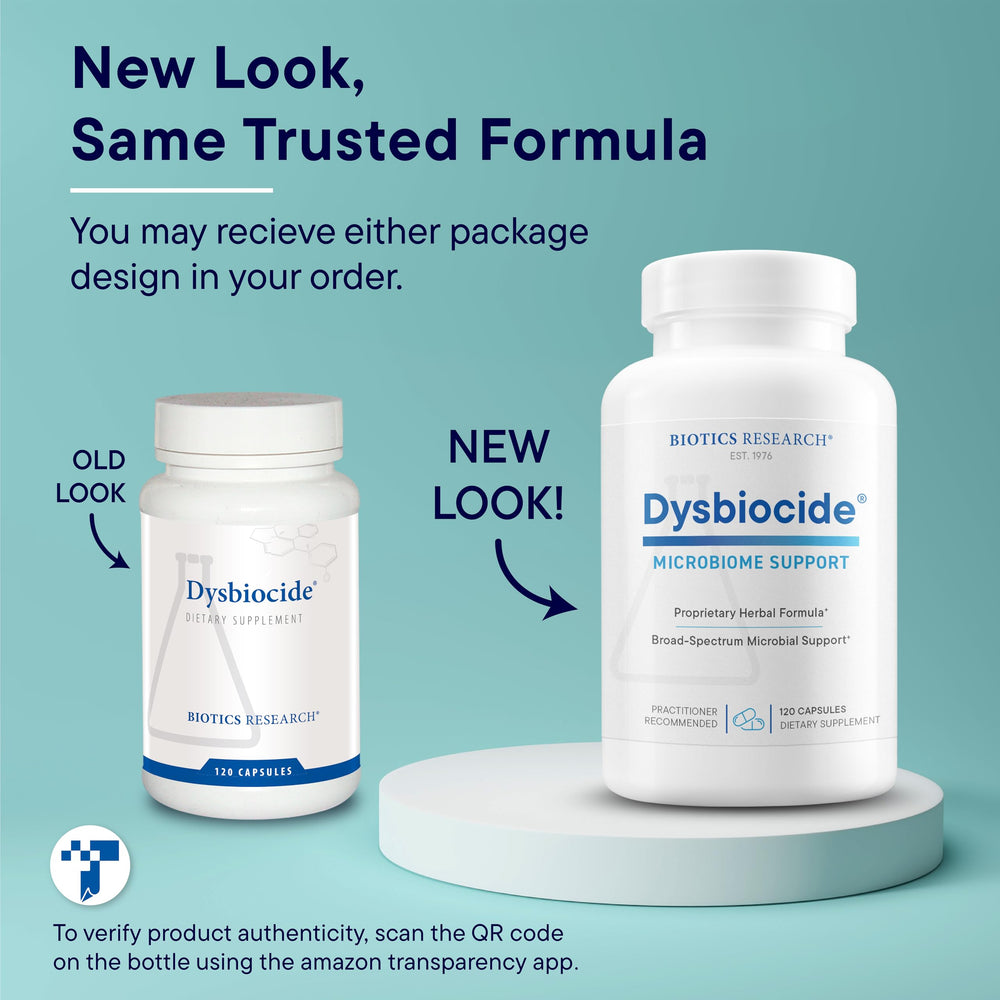 Biotics Research Dysbiocide herbal blend imagery highlights natural ingredients