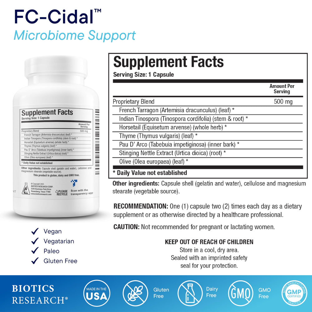 Biotics Research FC Cidal bottle label showing a 7-herb formula.