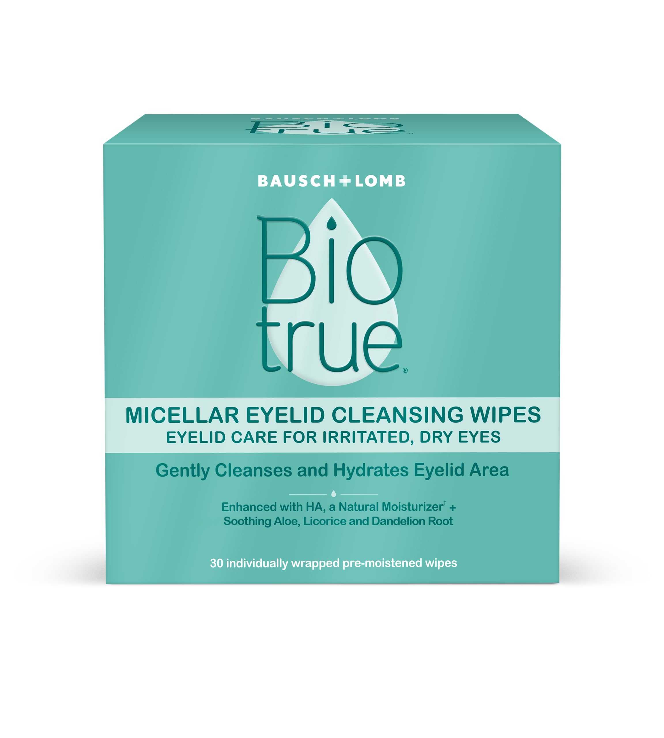 Biotrue eyelid cleansing wipes pack—fragrance-free daily cleansing and hydration for irritated lids.