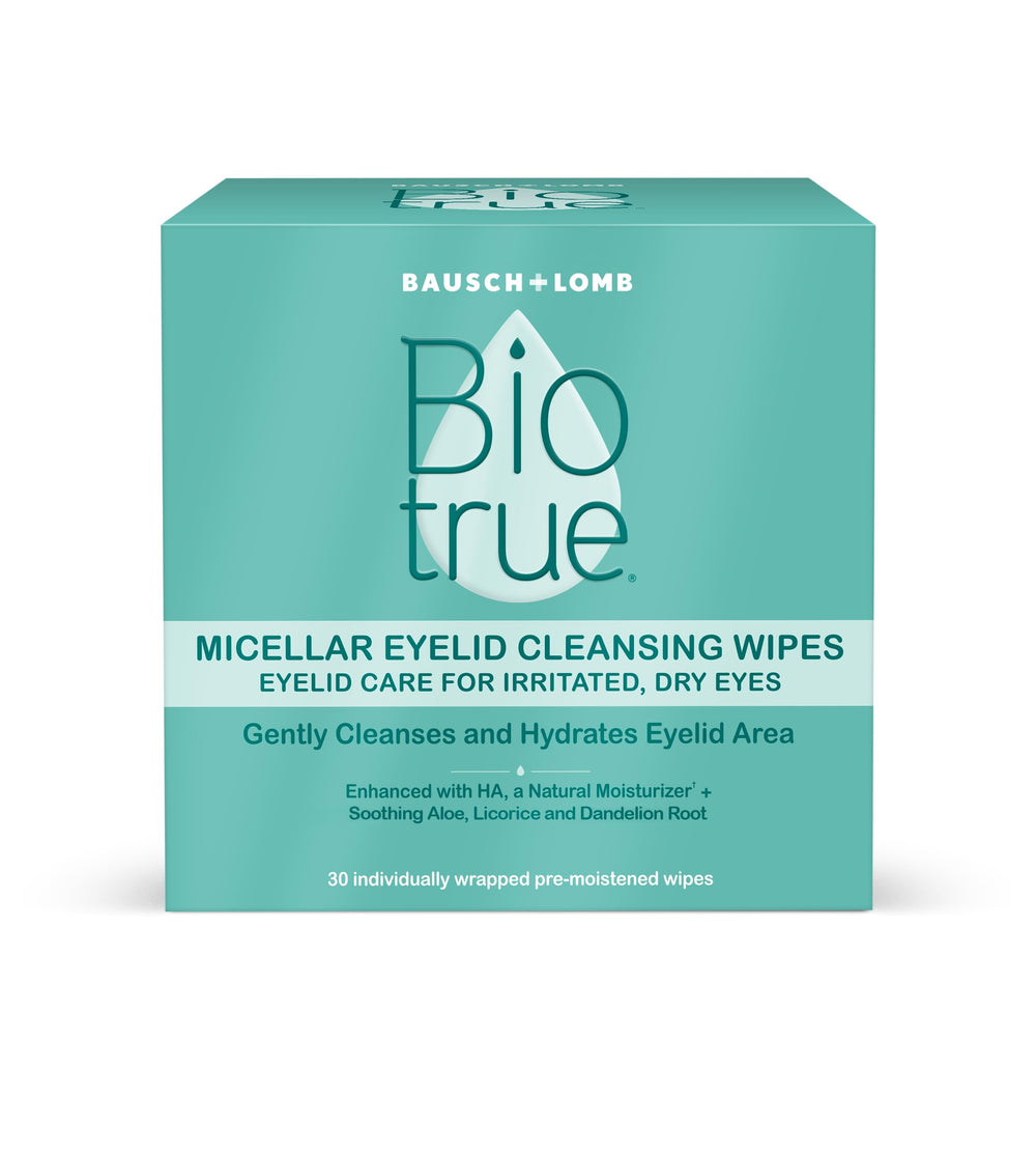 Biotrue eyelid cleansing wipes pack—fragrance-free daily cleansing and hydration for irritated lids.