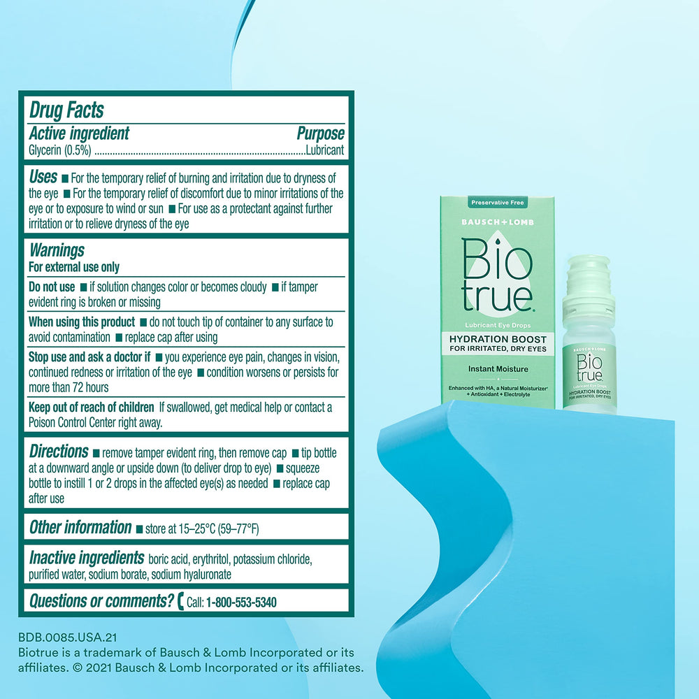 Biotrue Hydration Boost ingredients include hyaluronan for surface moisture.