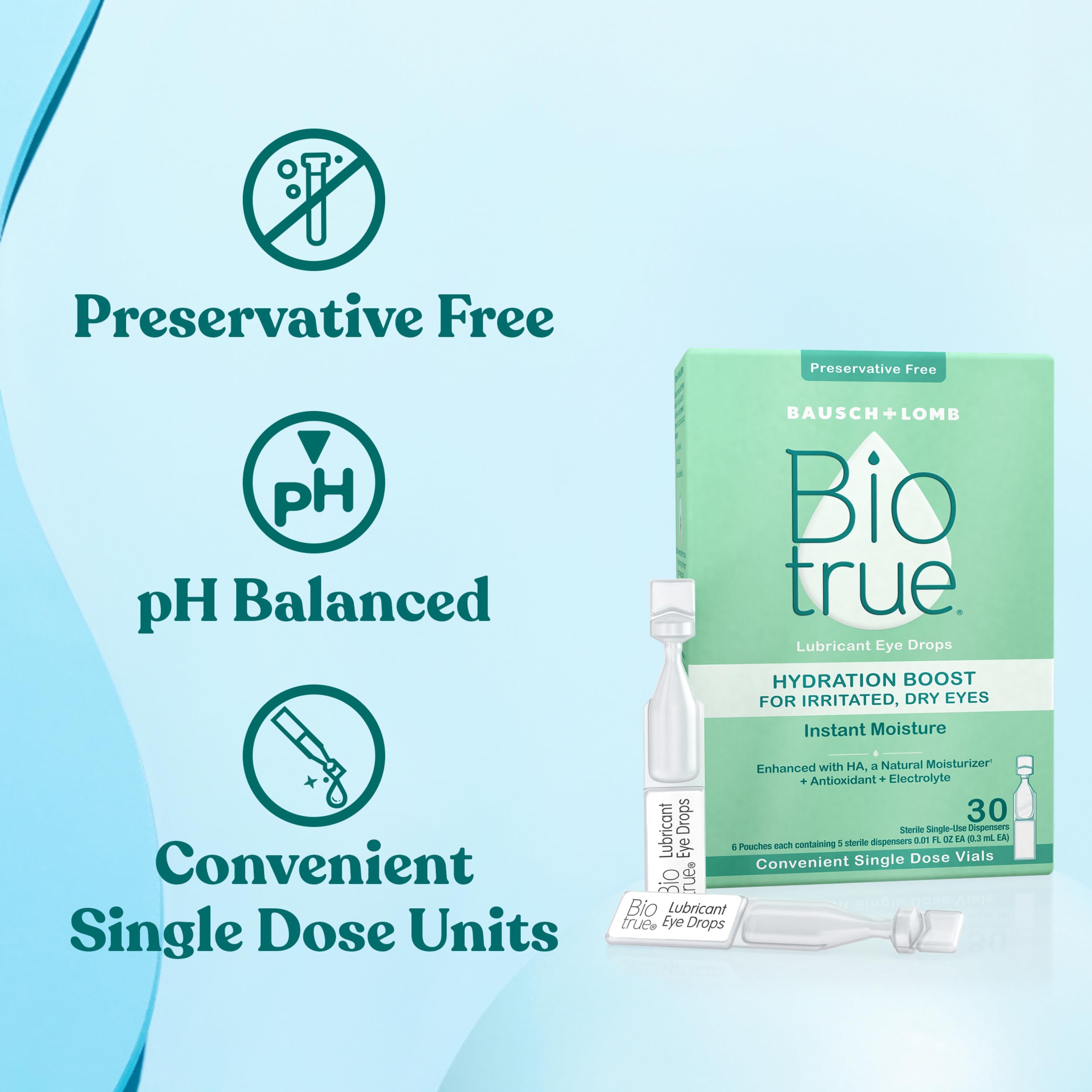 30 single-use vials packaging by Biotrue for travel-ready refreshment.